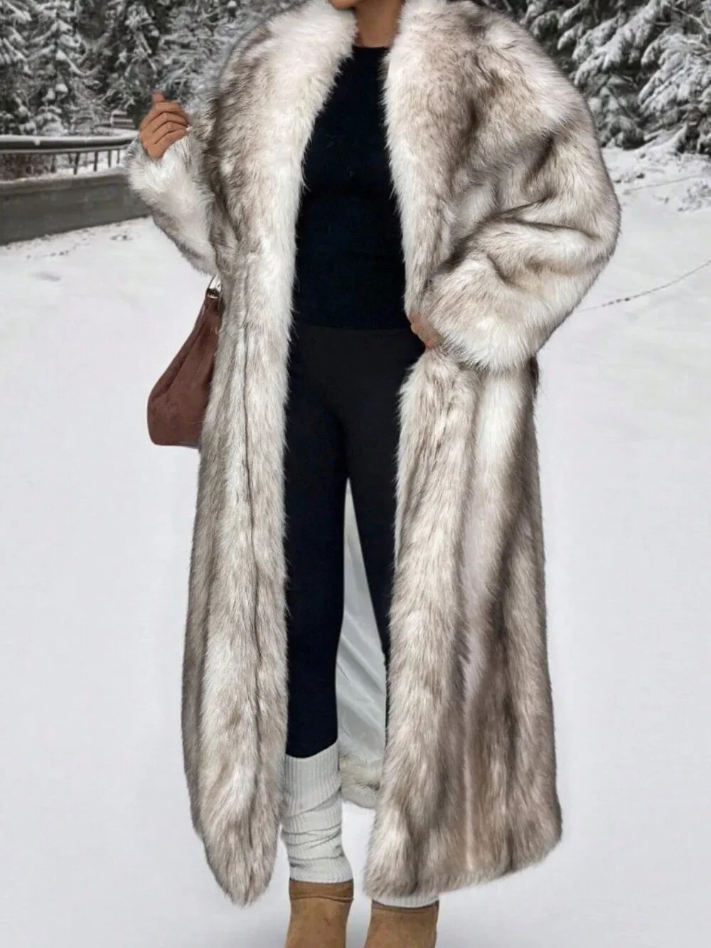White Casual Women's Long Faux Fur Collar Coat
